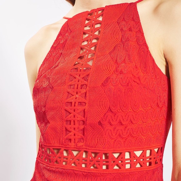 TOPSHOP RED CROCHET BODYCON LACE DRESS - Picture 3 of 13